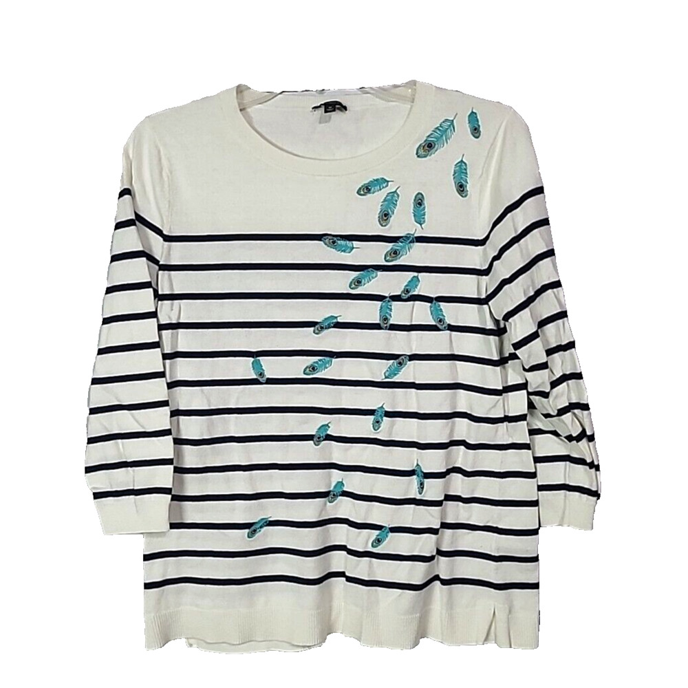 Talbots Ivory Striped Embroidered Feathers Pulllover Sweater Womans Size Medium